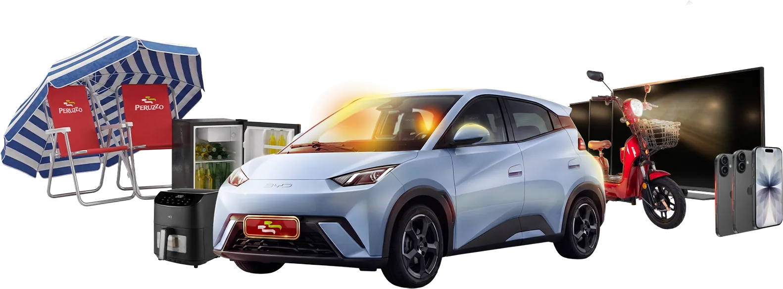 Os prêmios: BYD Dolphin Mini 0 km, kit praia, frigobar, air fryer, TVs, scooter elétrica e iPhones 17